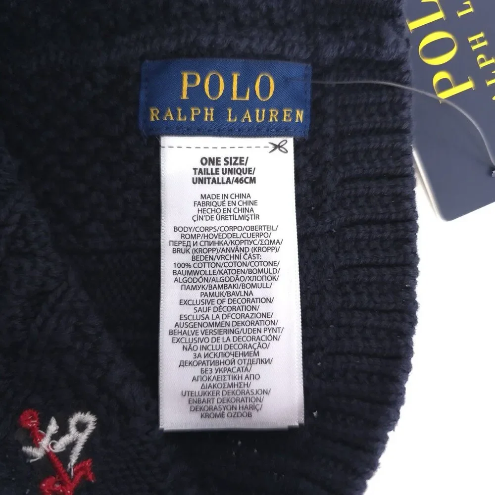 POLO RALPH LAUREN New Beanie One Size 7-16 Navy Blue Aran Cable Knit Embroidered